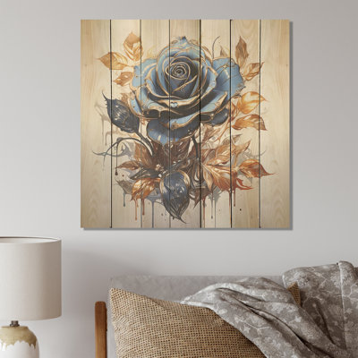 Glass Gold And Blue Rose II - Rose On Wood Print