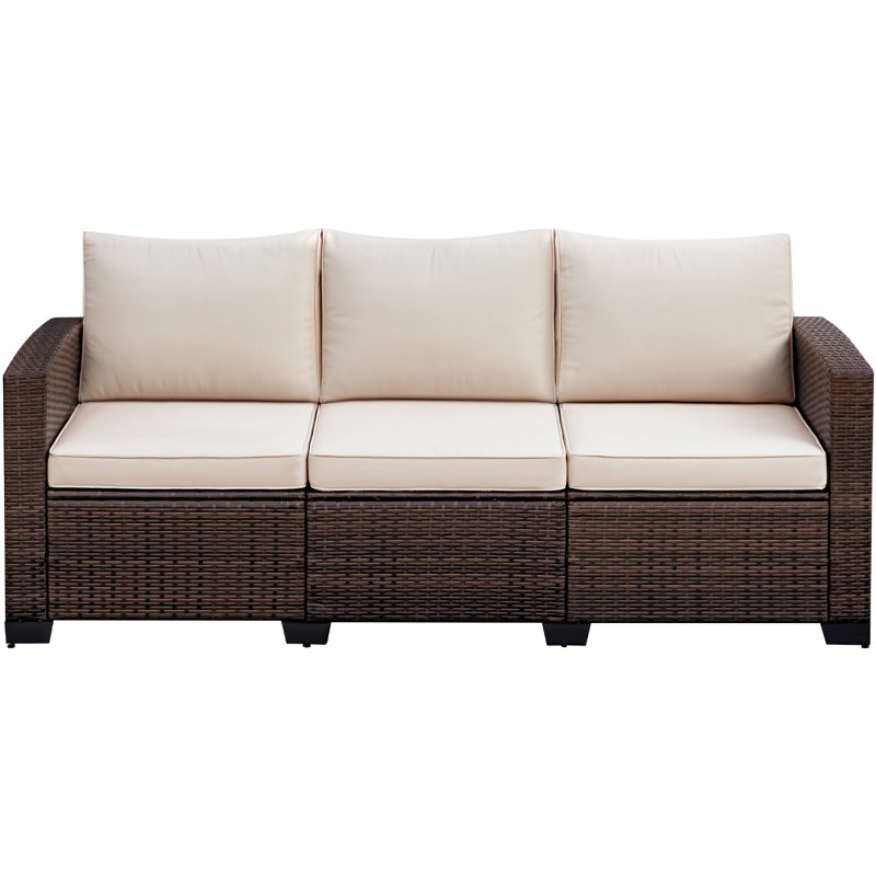 Canapé d'extérieur brun en rotin 3 places avec coussin beige antidérapant