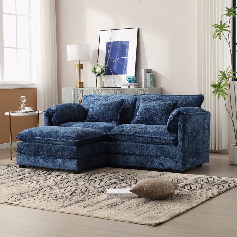 Canapé modulaire en tissu chenille avec poches latérales, Chenille bleue marine