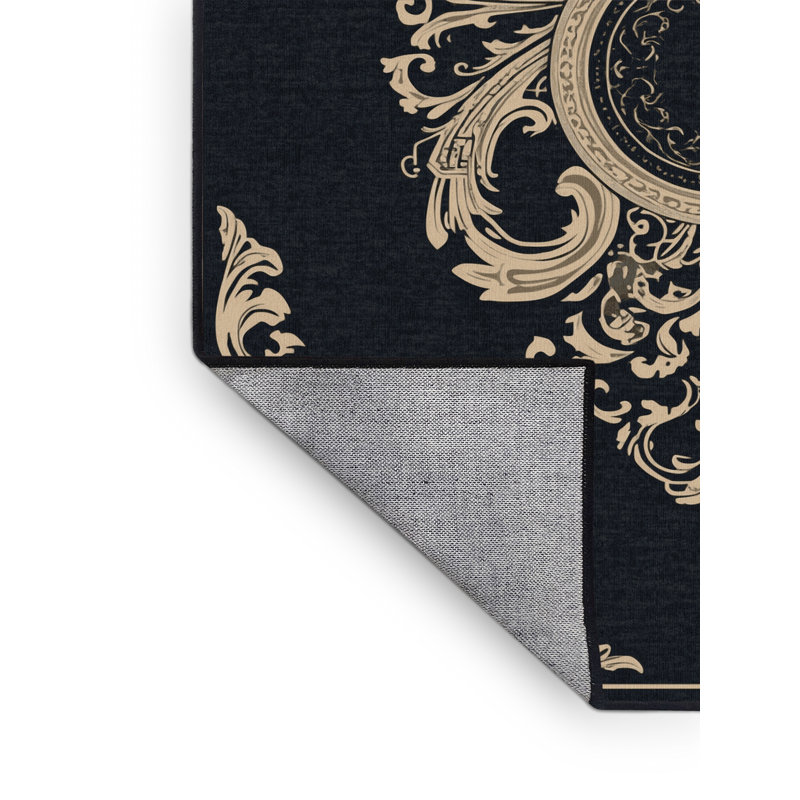 Machine Washable Honn Traditional Damask Rug in Grey – Black Binding, 5x8