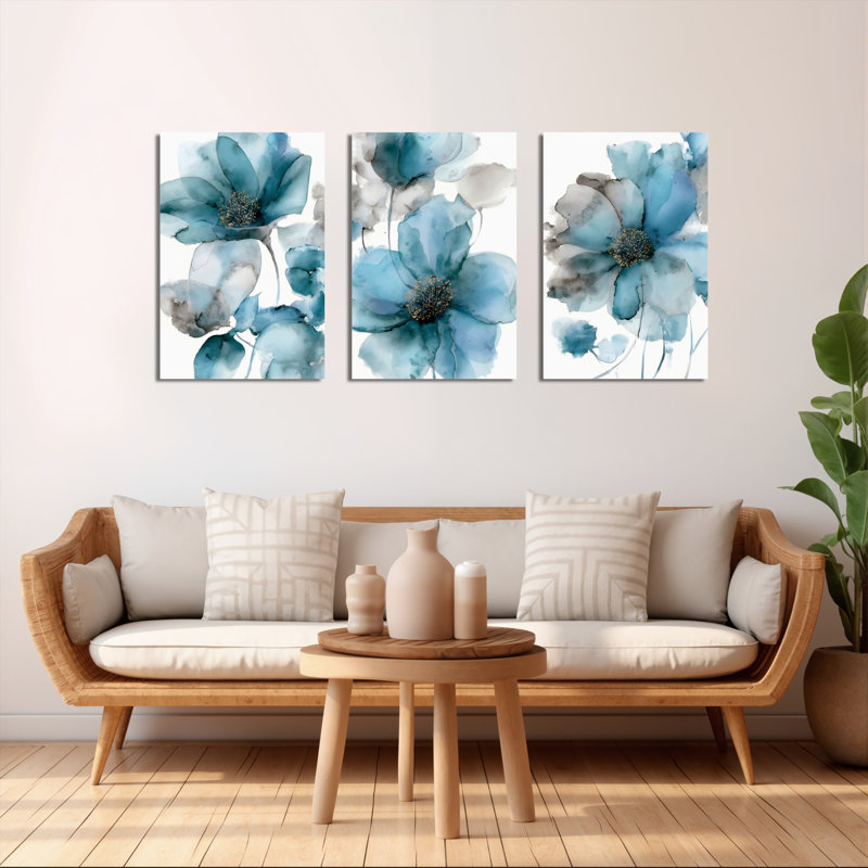 "Blue Floral", reproduction d'art sur toile, ensemble de 3, H 18 po x l 36 po