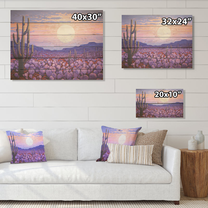 Paysage de lavande cactus - Art mural en bois de cactus sur bois de pin naturel, H 24 po x l 32 po