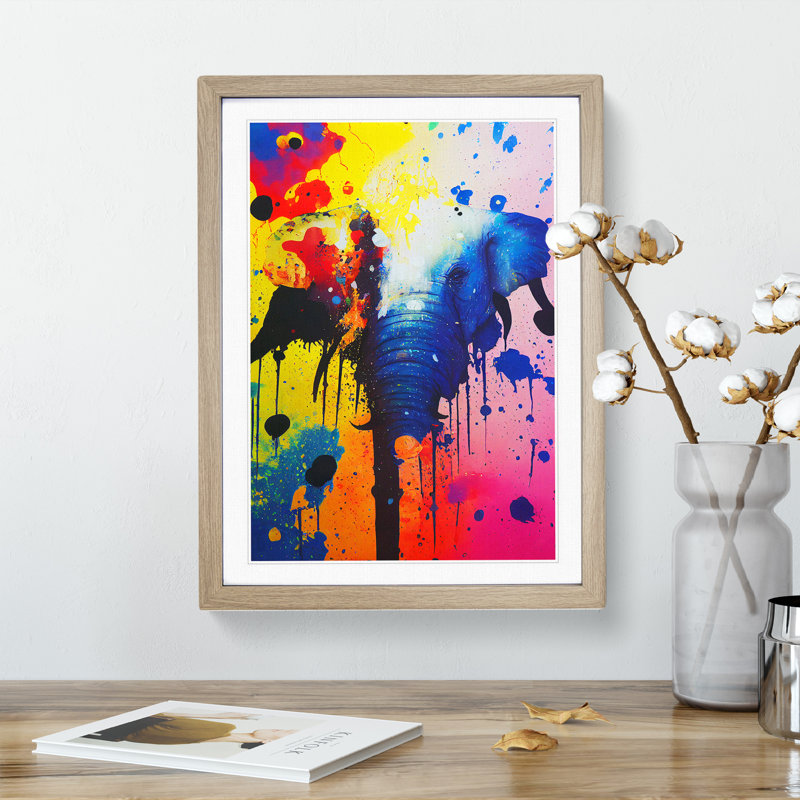 Elephant Paint Splash No.1 Abstract - Single Picture Frame Print, 46cm H x 34cm W x 2cm D, Oak