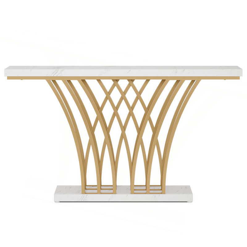 59" Modern Faux Marble Entryway Console Table With Grid Metal Base For Living Room, Hallway, Foyer