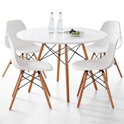 5-Piece Round Dining Table Set for 4, 35.5” Kitchen Table with Chairs, Solid Wood Legs, Plastic Seats, White
