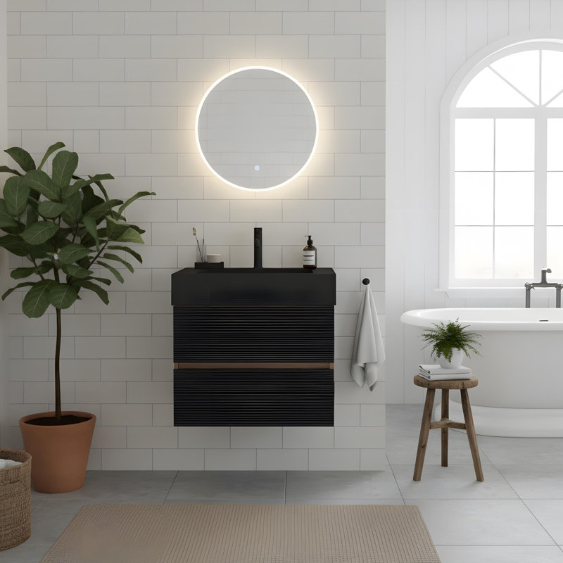 Meuble-lavabo avec lavabo en quartz, Noir, 24"