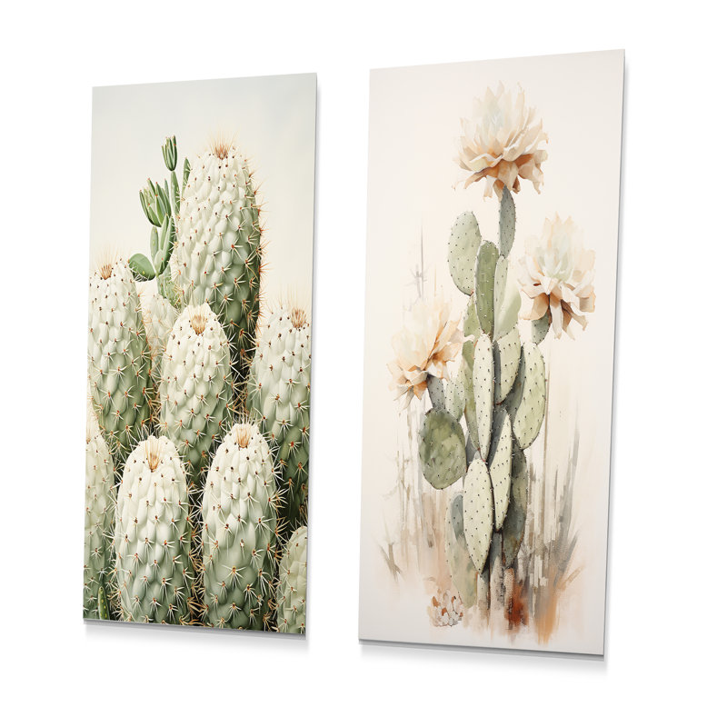 Cactus minimaliste beige et vert - Cactus en métal, ensemble de 2, H 28 po x l 24 po