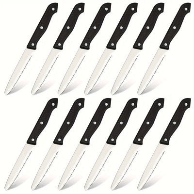 Cet ensemble de couteaux à steak de 12 pièces, fabriqué en acier inoxydable à haute teneur en carbone, comprend des poignées antidérapantes en POM avec trois rivets et un couteau à steak dentelé extrêmement tranchant