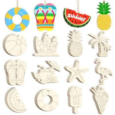36 pièces d'ornements d'été en bois à peindre, 12 styles de bricolage vierges en bois non finis, décorations de plage pour l'artisanat, décorations suspendues, pantoufles de planche de surf melon d'eau, noix de coco, décorations pour la maison, cadeaux
