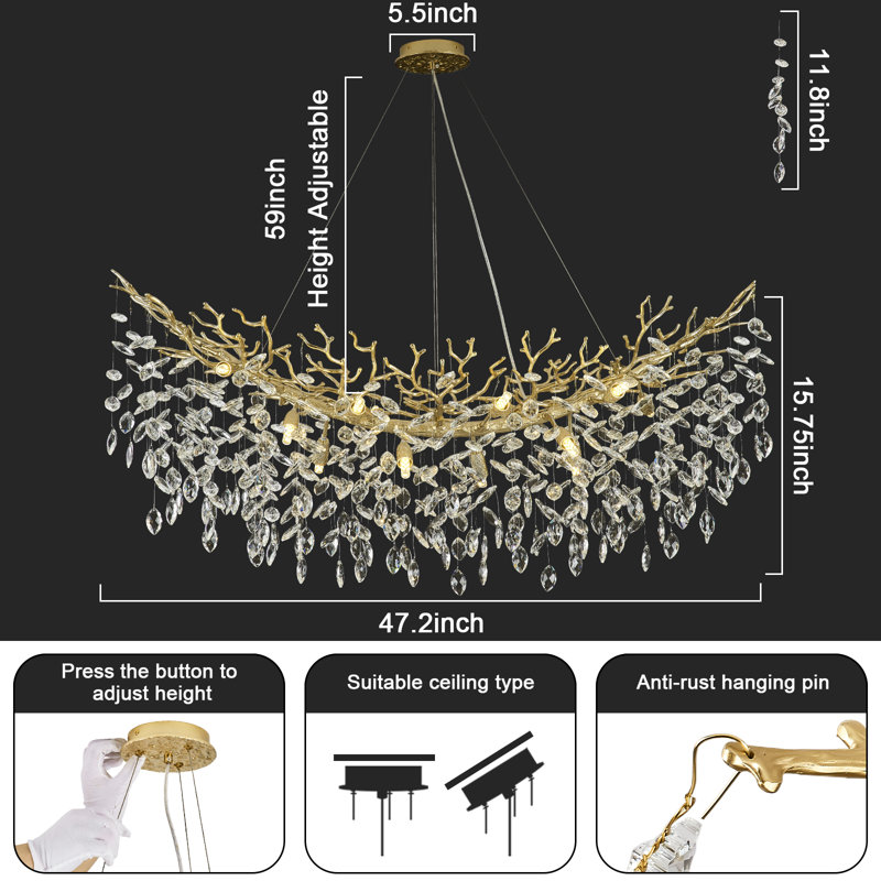 Tree Branch Crystal Chandelier Lighting, 14, 15.7" H x 47.2" W x 15.7" D, Gold/White