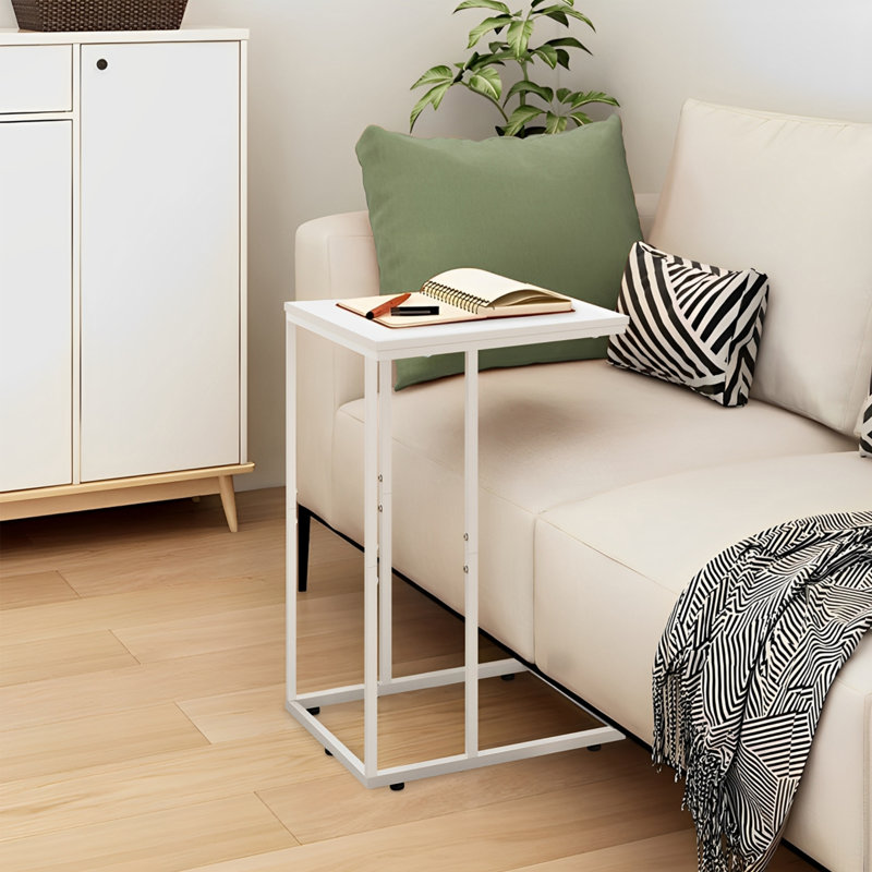 Table de bout en C en bois Gilsum, table d'appoint avec base en métal pour canapé, table de chevet  , Blanc