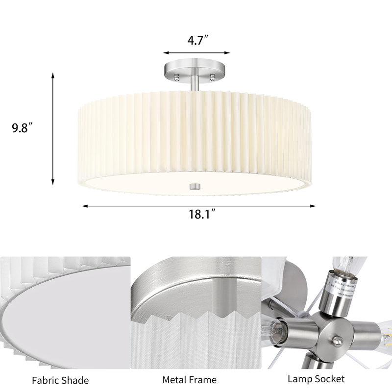 Plafonnier semi-encastré 18 lumières 4 pouces, abat-jour en tissu en forme de fleur, Chrome chrome