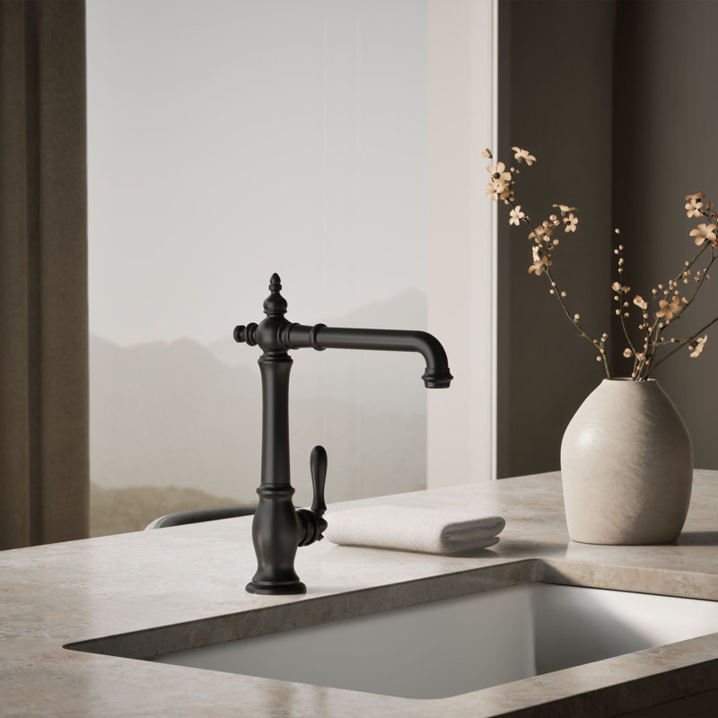 Artifacts Single-Hole Kitchen Sink Faucet with 13-1/2-in Swing Spout, Victorian Spout Design, Matte Black