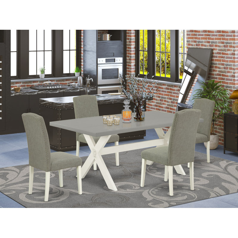 5 Piece Dining Table Set Includes a Rectangle Dining Room Table with X-Legs and 4 Dark Shitake Linen Fabric Upholstered Chairs, Wire Brushed Linen White