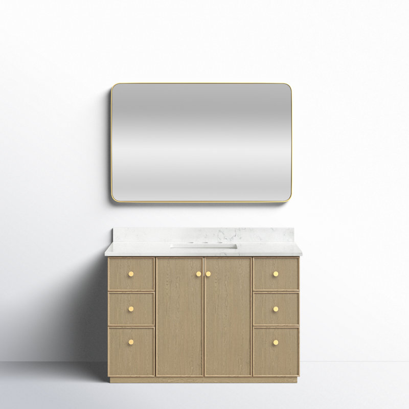 Rally 48'' Free Standing Single Bathroom Vanity with Calacatta Quartz Top with Mirror, Natural Oak