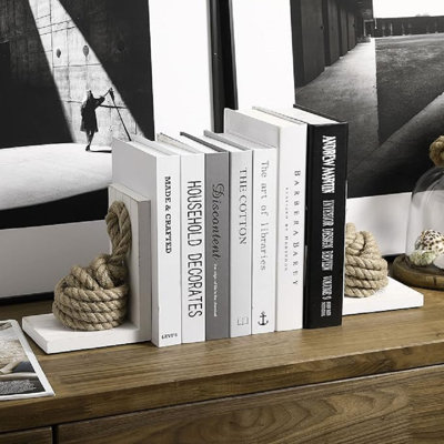 Vintage White Solid Wood Decorative Bookends With Nautical Knot Rope Design, Cape Cod Shelf Decor L Shaped Office Desk Bookends,1 Pair