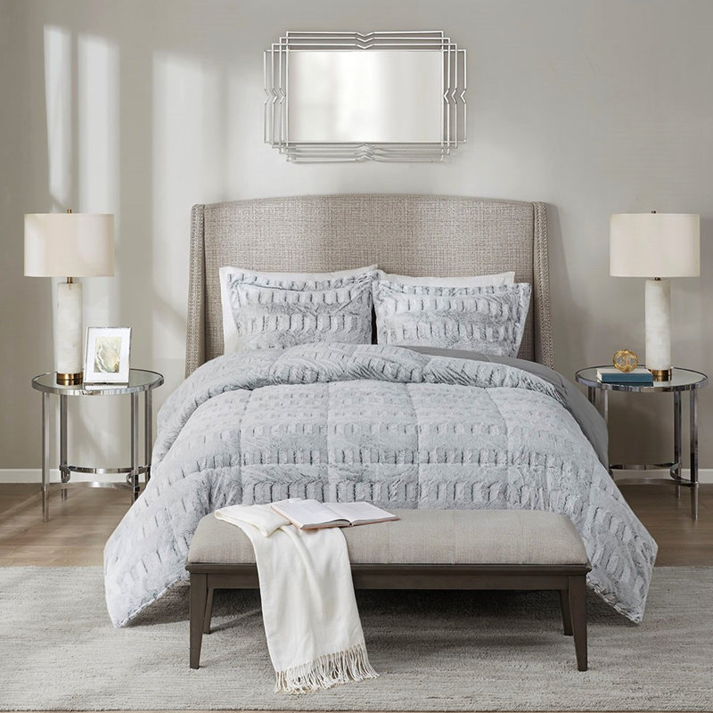 Grey Faux Fur Comforter For Twin/twin Xl With Core And Reversible Mink Outer Warm Inner 2-inch Flange Shams Long Filling