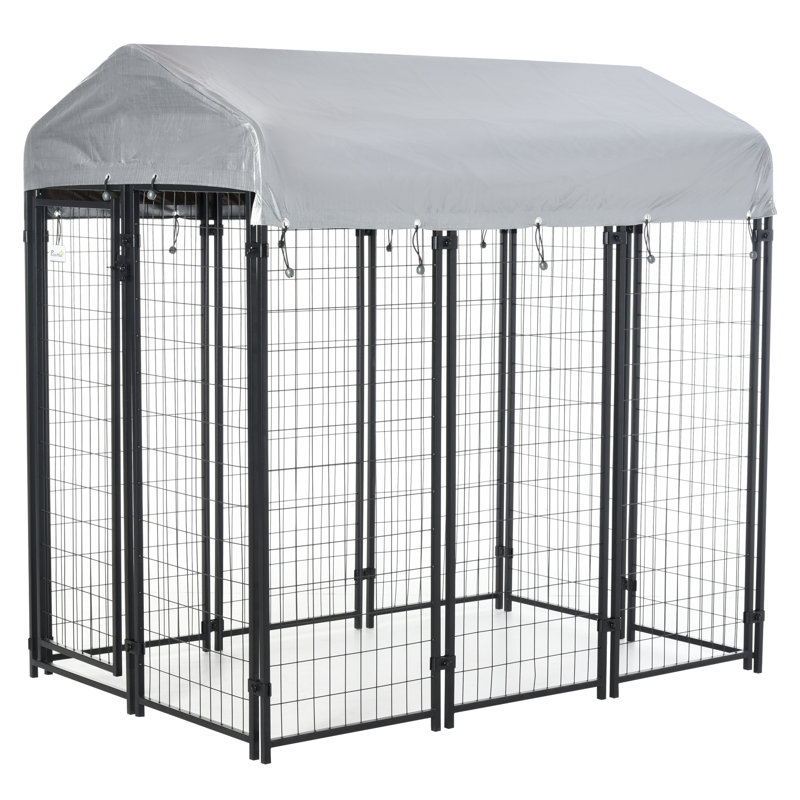 Grand chenil pour chiens recouvert pour l'extérieur, H 72 po x l 48 po x P 96 po, Gris / noir