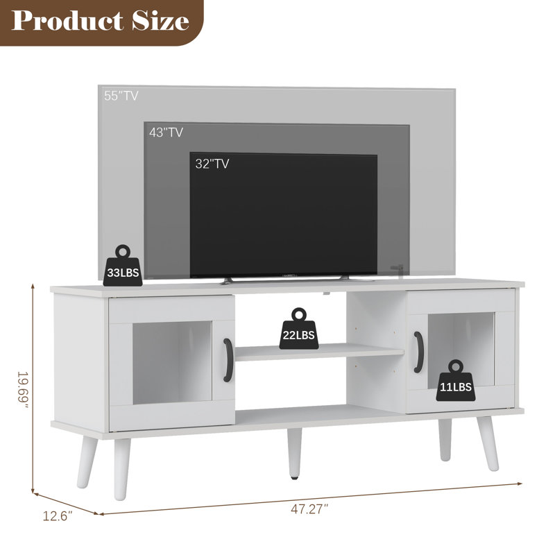 LED TV Stand with Acrylic Doors & Shelves, 47.5"  Console for TVs up to 55", White