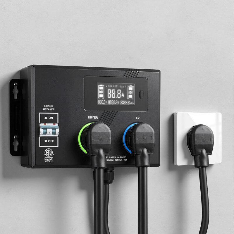 Commutateur automatique de charge pour véhicule électrique, NEMA 14-30, interrupteur répartiteur pour sécheuse et chargeur pour véhicule électrique, distribution intelligente de puissance 24A Max 240V avec disjoncteur, affichage en temps réel, pour véhicules électriques, fours, lave-vaisselle, ETL
