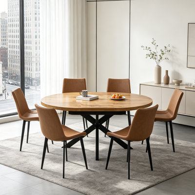 43"-59" Extendable Round Dining Table Set, 7-Piece Modern Kitchen Table with 6 Upholstered Dining Chairs 