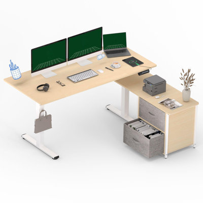 63" L-Shaped Reversible Standing Desk With Drawers & Shelves, Height Adjustable Executive Desk For Home Office by Inbox Zero