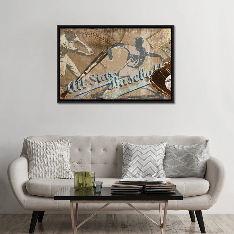« home run », affiche rétro sur toile tendue, H 32 po x l 48 po x P 1,5 po, Toile encadrée noire, Pas de tapis