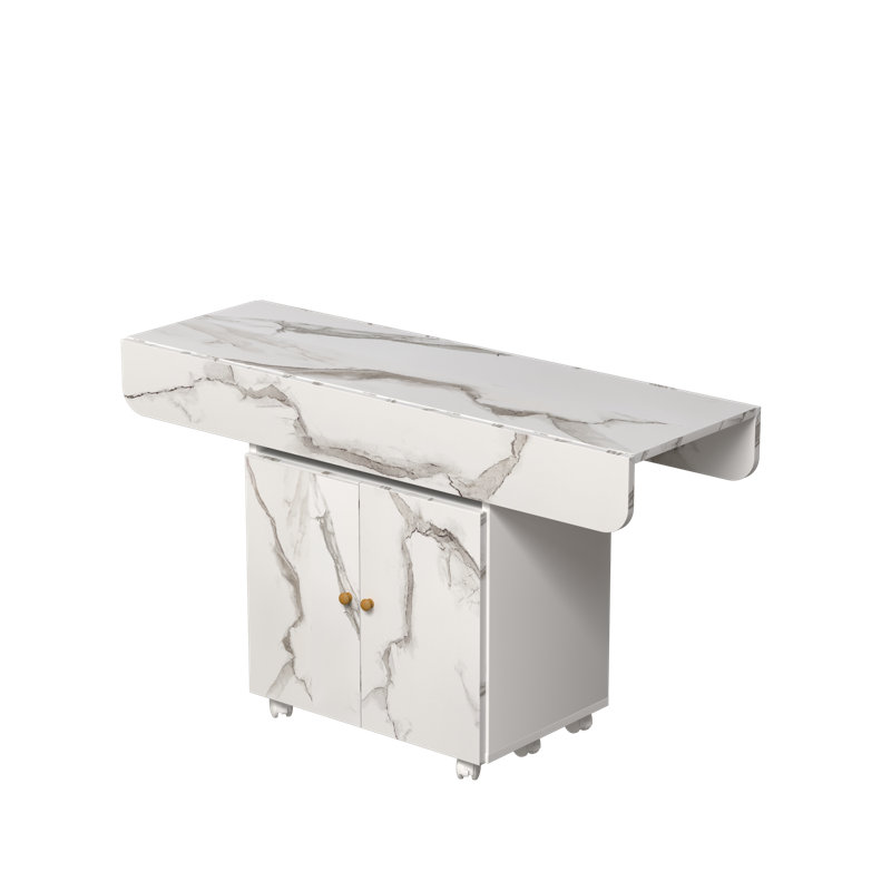 47" Wood Folding Dining Table With Storage Rack And Cabinet, Removable Entryway Table With 6 Wheels, White Marble Color Kitchen Island, Side Table And Coffee Table Versatile Table Space Saving