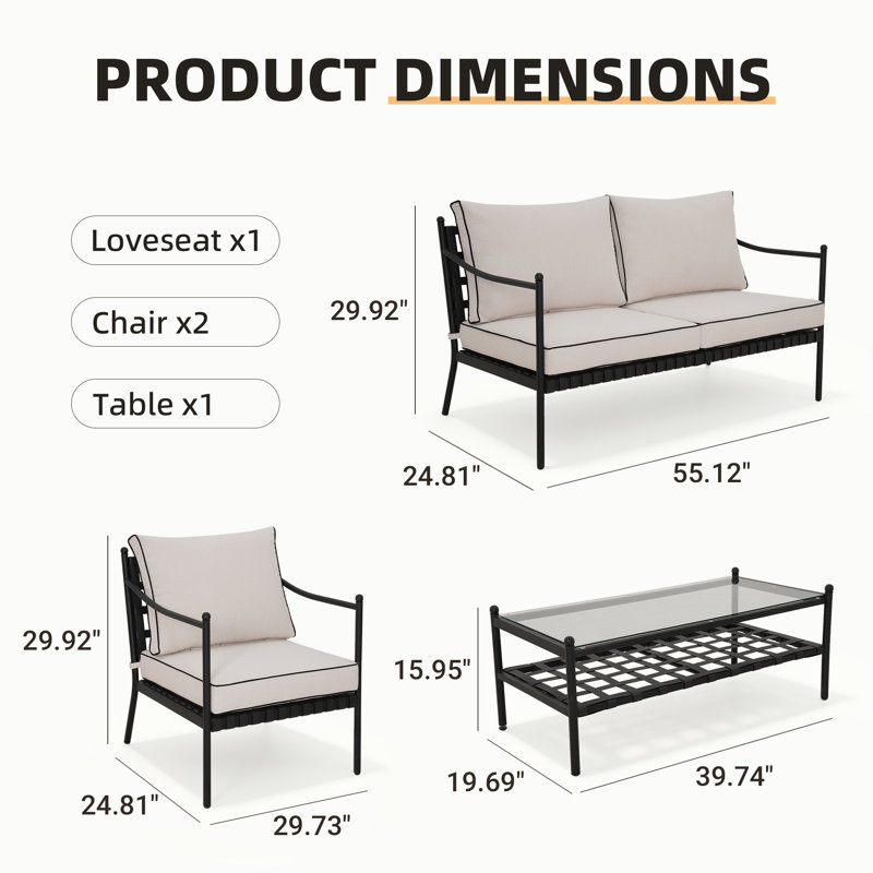 Ensemble de conversation pour 4 personnes en acier thermolaqué avec table basse en verre