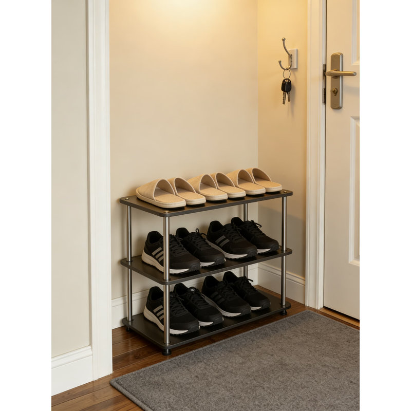 Range-chaussures à 3 niveaux avec tablettes en bois et structure en métal, tablette de rangement autoportante pour vestibule, garde-robe, vestibule et décoration intérieure