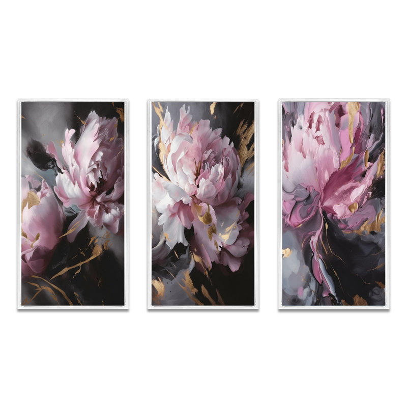 «Harmonious Pink Grey Peony Flower», 3 pièces, H 28 po x l 36 po, Cadre flottant blanc
