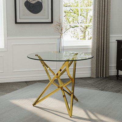 Table de salle à manger ronde 36 pouces en verre trempé transparent avec base en métal doré poli
