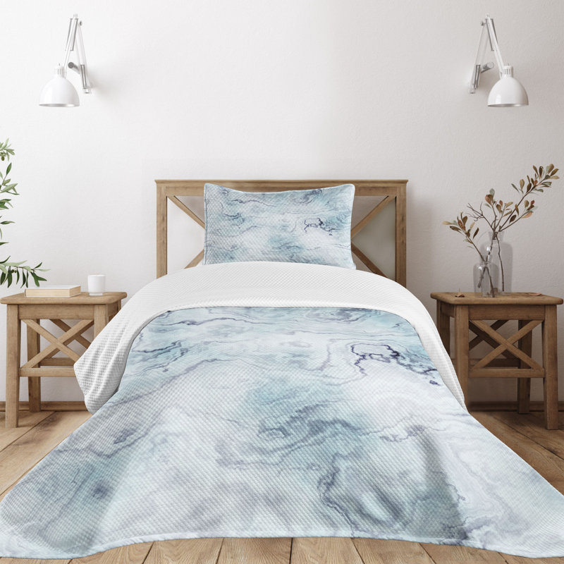 Ambesonne Marble Print Bedspread Set Soft Ottoman Pale Blue Grey Mint