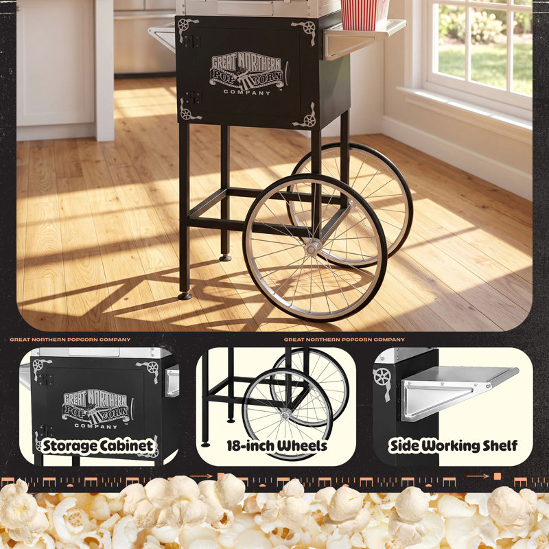 Lincoln Popcorn Machine - 8oz Popper with Stainless-Steel Kettle, Cart , Reject Kernel Tray, Warming Light, and Accessories by Great Northern Popcorn (Black)