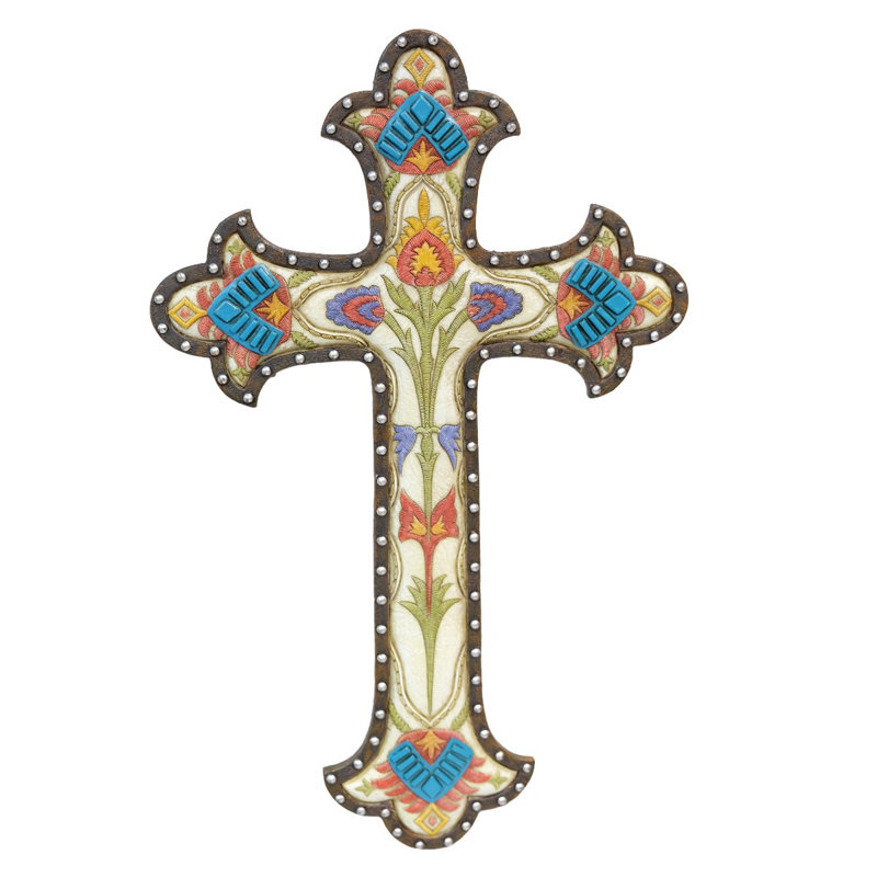Polyresin Faux Embroidered Flowers Floral Hanging Wall Cross Décor, White/Blue/Teal