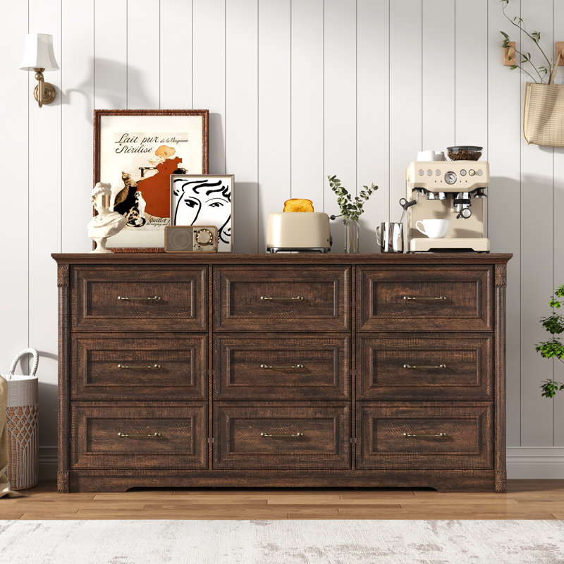 63" Tall Dresser With 9 Drawers, Embossed Roman Column Design & Wooden Storage For Bedroom Organization, Brown