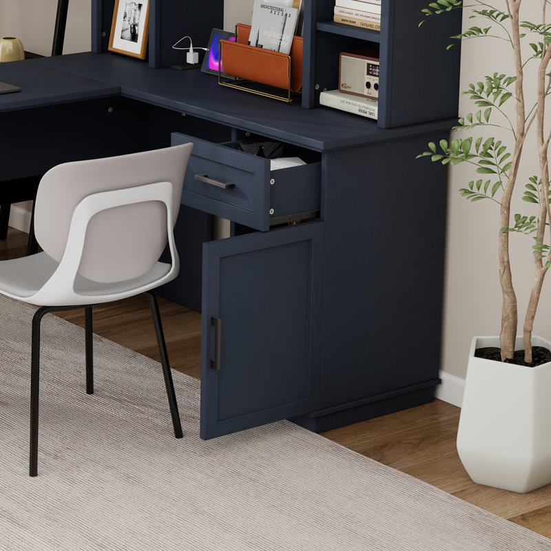 Bureau d'ordinateur en L 2 en 1 avec tiroirs, armoire, tablettes ouvertes, prise de courant, Bleu