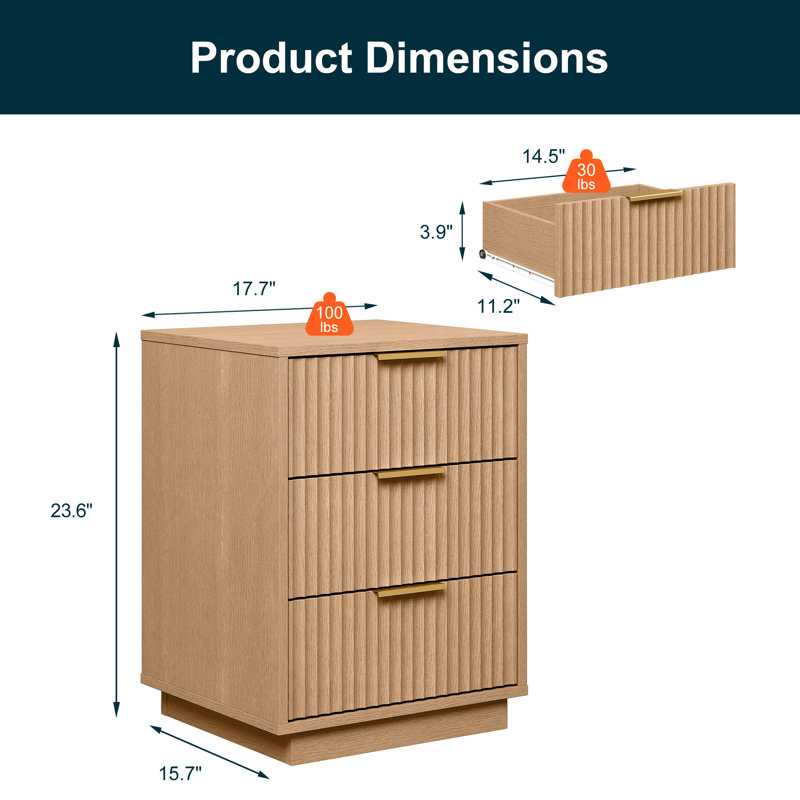 3-Drawer Nightstand,Set of 2, Brown
