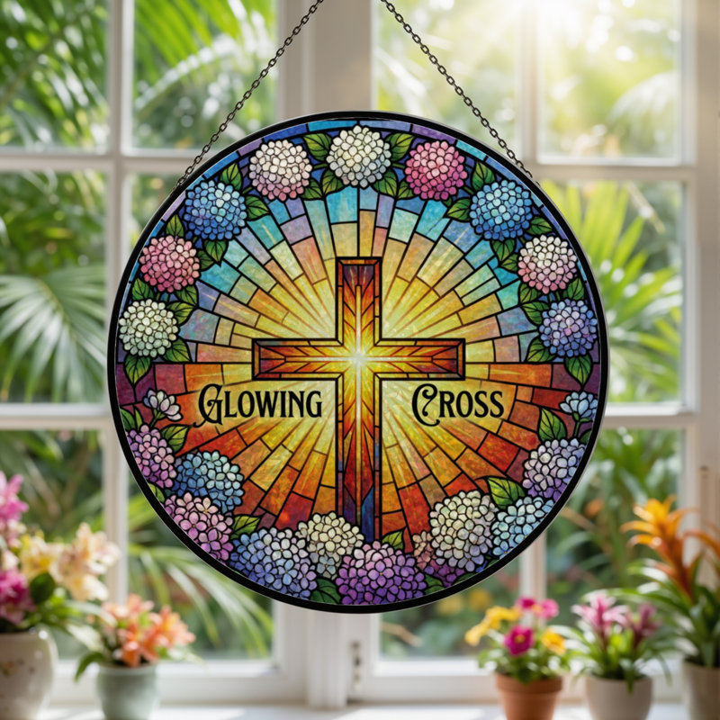 7.8"H Glowing Cross Stained Glass Window Panel, 7.8" H x 7.8" W