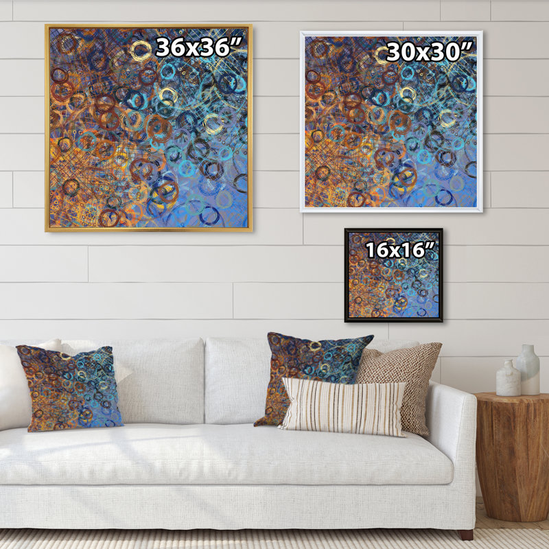 «Brown and Blue Grunge Circle Art», reproduction d'art sur toile encadrée, H 30 po x l 30 po x P 1 po, Cadre flottant noir