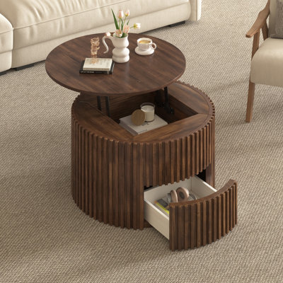 Table basse ronde avec plateau en bois cannelé et rangement caché