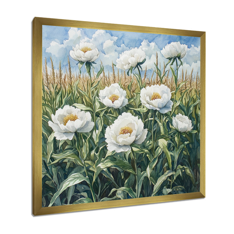 Été pivoines dans le champ de maïs II - pivoines, art mural sur toile, Reproduction encadrée d'une seule photo, Doré