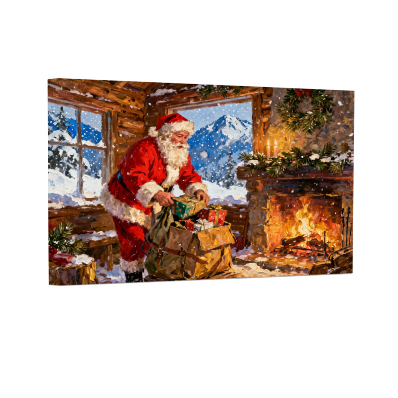 Noël père Noël emballant des cadeaux près du foyer, H 12 po x l 18 po