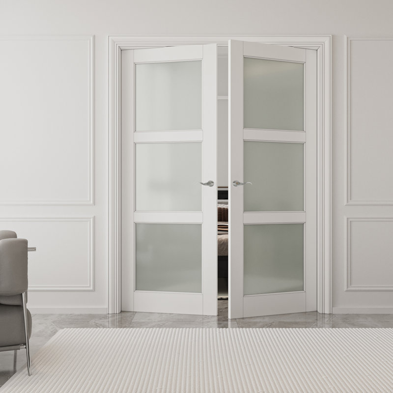 3-Lite Frosted Glass French Door Solid Wood Manufacture Interior Double Bathroom Door With Hardware Kit, 64" x 80"