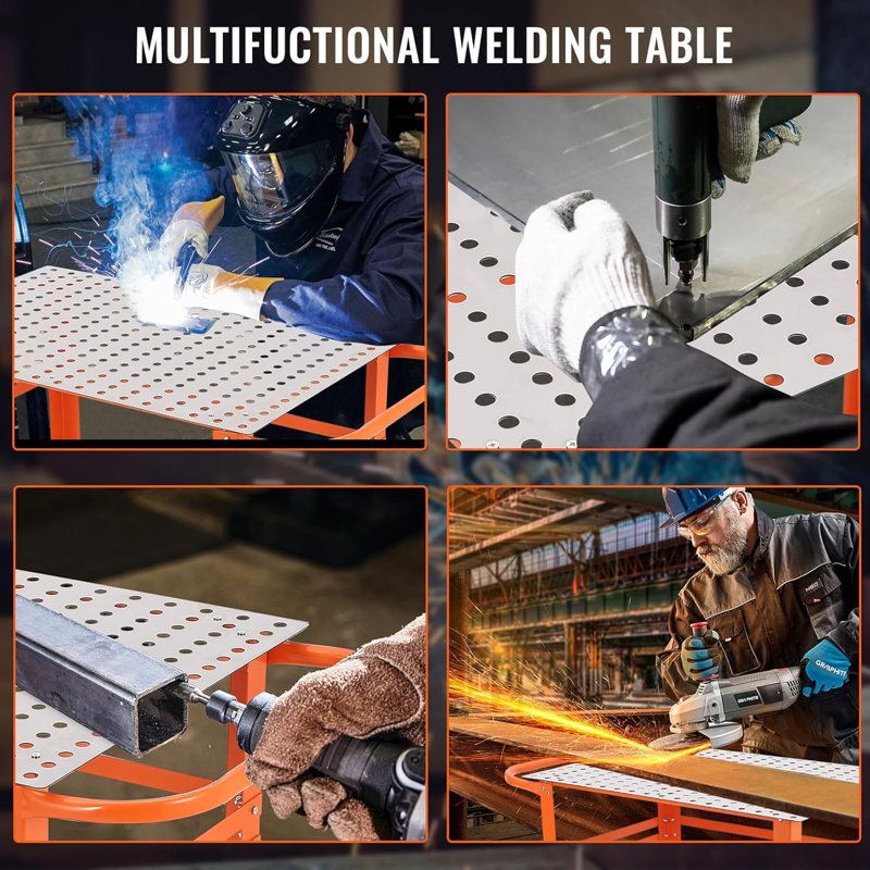 Table de soudage 36 po x 24 po, table de soudage en acier robuste 600 LBS avec trous 5/8 po et panneau perforé, établi industriel avec roues