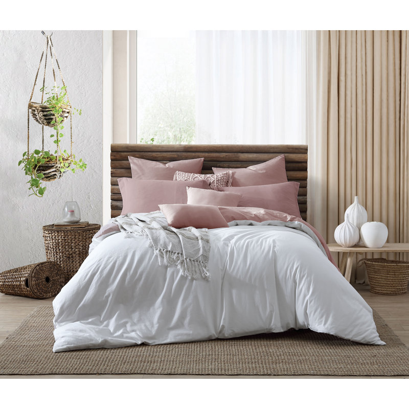 Woodrose and White Cotton Reversible Queen Duvet Cover Set