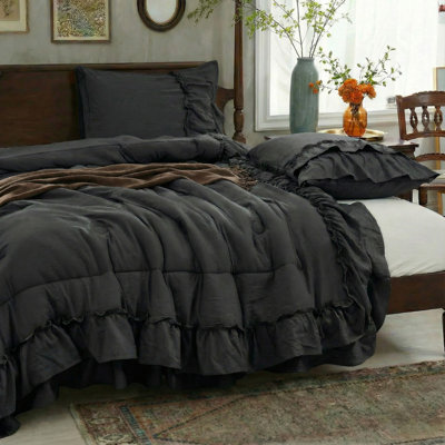 Black Comforter Set King Boho Bedding Set 2 Layers Ruffled Bedroom Home Decor Ultra Soft Microfiber Farmhouse Comforter Bohemian Quilt Set