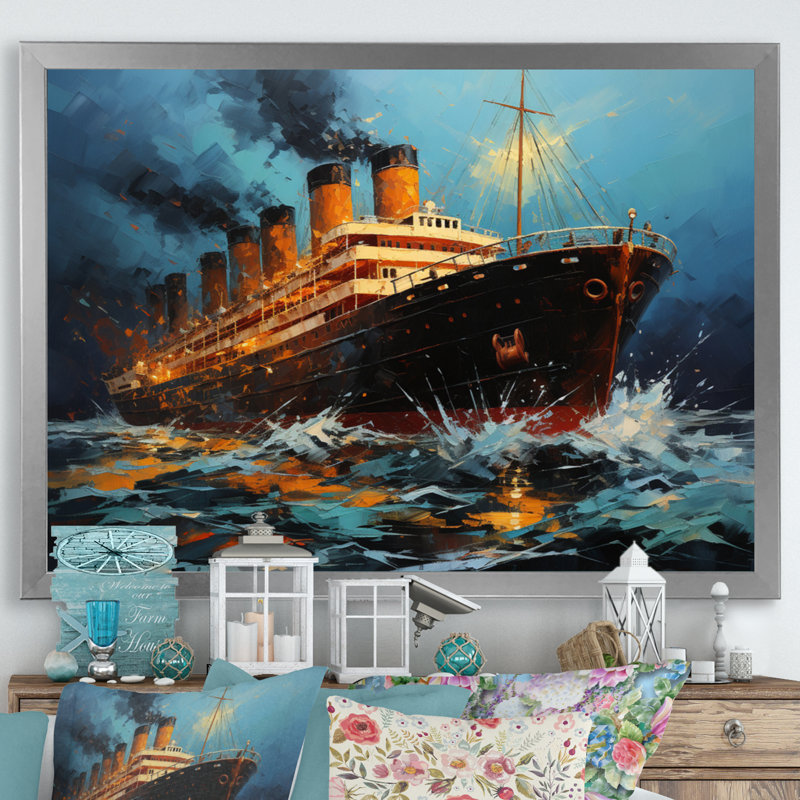 Boat Titanic Collage Interwoven II - Imprimé, Cadre photo argenté, H 30 po x l 40 po x P 1,5 po
