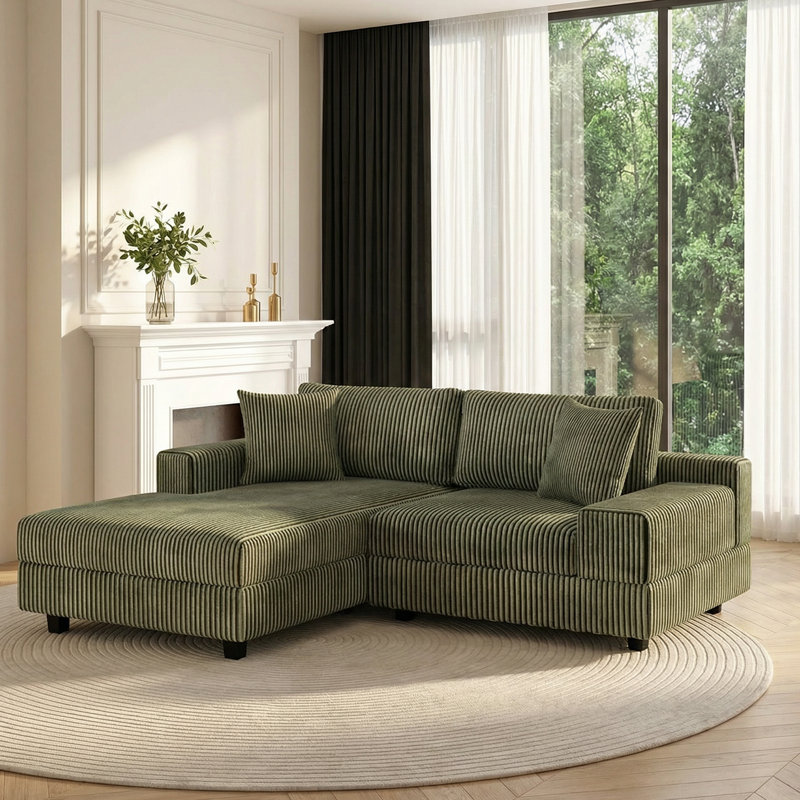 73.62" L-shaped Modular Sectional Sofa 2-Piece Corduroy Upholstered Couch With Chaise Set & Pillows, Green Corduroy