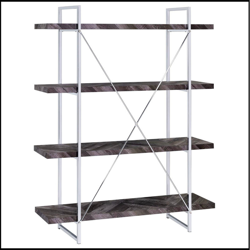 Bibliothèque rustique à chevrons gris avec tablettes pleine longueur, alliant charme classique et élégance moderne pour un rangement polyvalent.